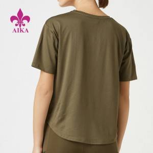 T-shirt fait sur commande de plaine de sports de gymnase de femmes de douille courte de logo de tissu léger de maille pour l'impression