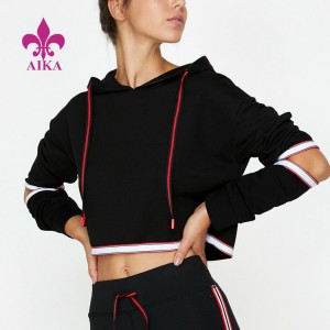 Custom Woven Brand OEM Sportswears Ladies Plain Jinan Crop Top Black Hoodie