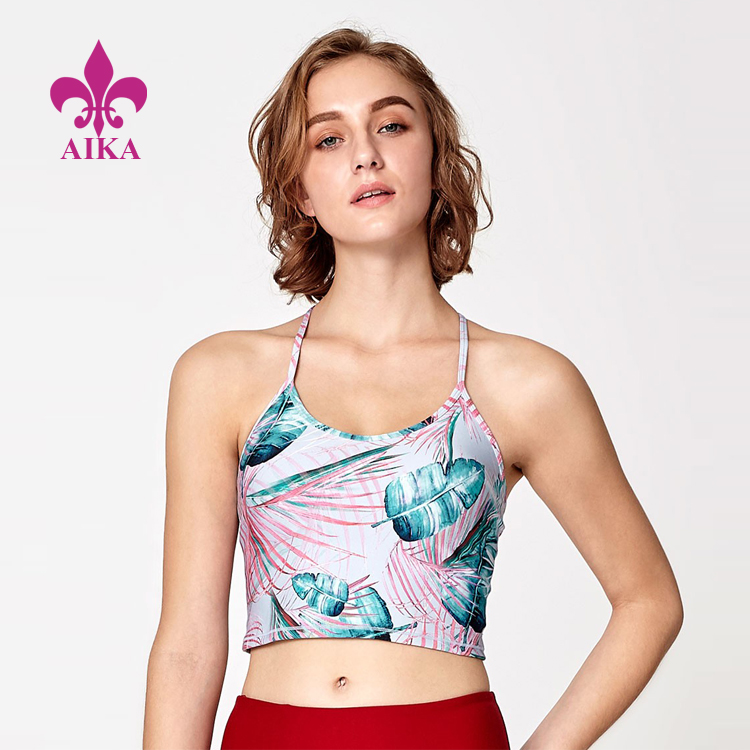 Stylish Women Yoga Wear Floral Printing Crisscrossing Back Sporty Crop Tank Top