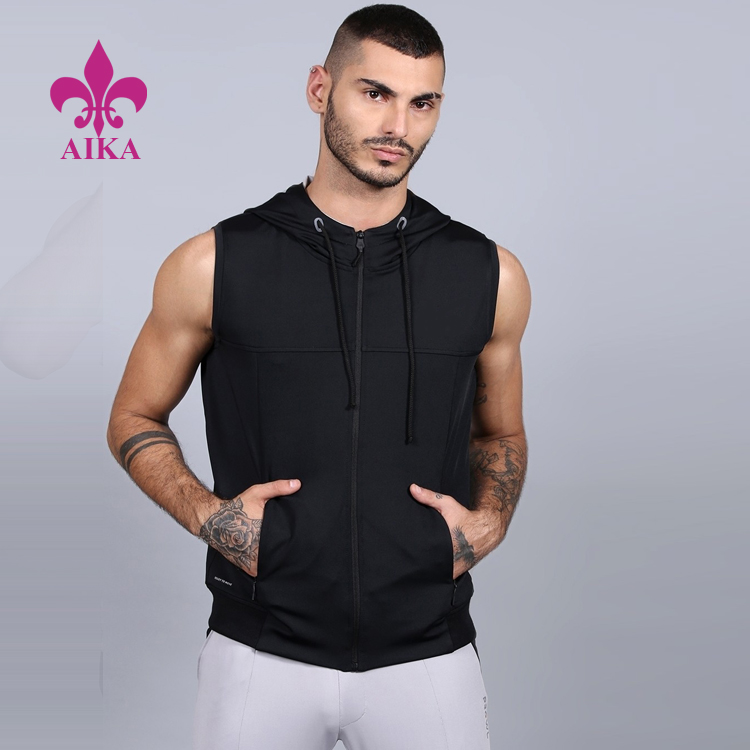 Wholesale Customized front zip Hooded With Drawstring sleeveless Gym Training Hoodies alang sa mga Lalaki