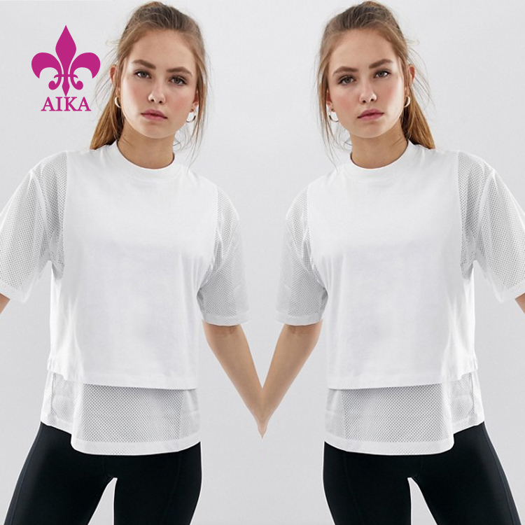 მაღალი ხარისხის მორგებული სავარჯიშო სპორტული სირბილი თეთრი ბადისებრი სპორტული დარბაზის მაისურები ქალებისთვის