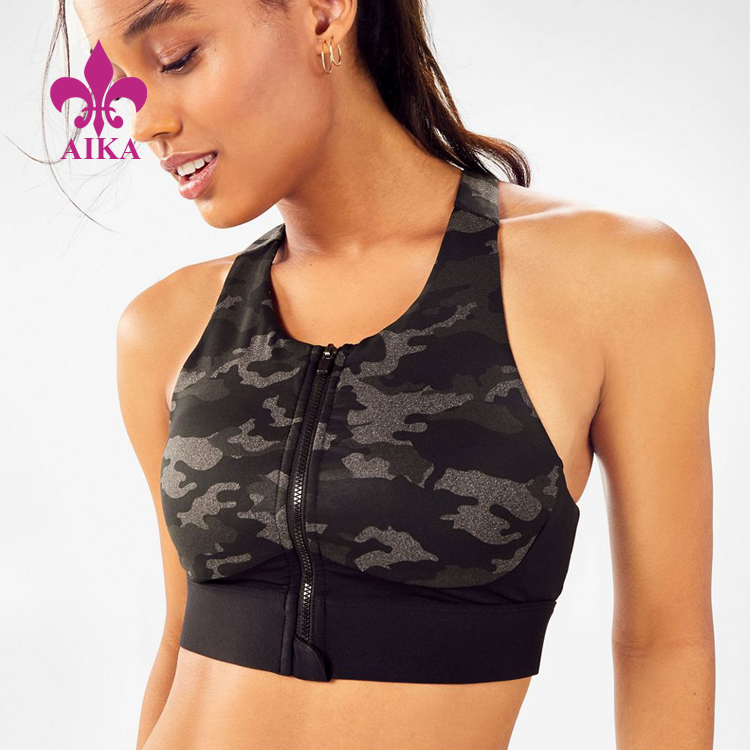 OEM High Quality Custom Sexy Beauty Back Camouflage Pattern Zip Front Sports Workout Bra