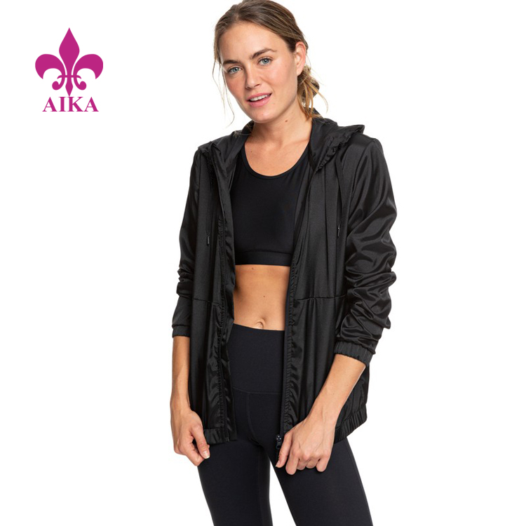 Ladies Sports Wear Gym Clothing Water-Resistant Hooded Windbreaker Sports Jacket