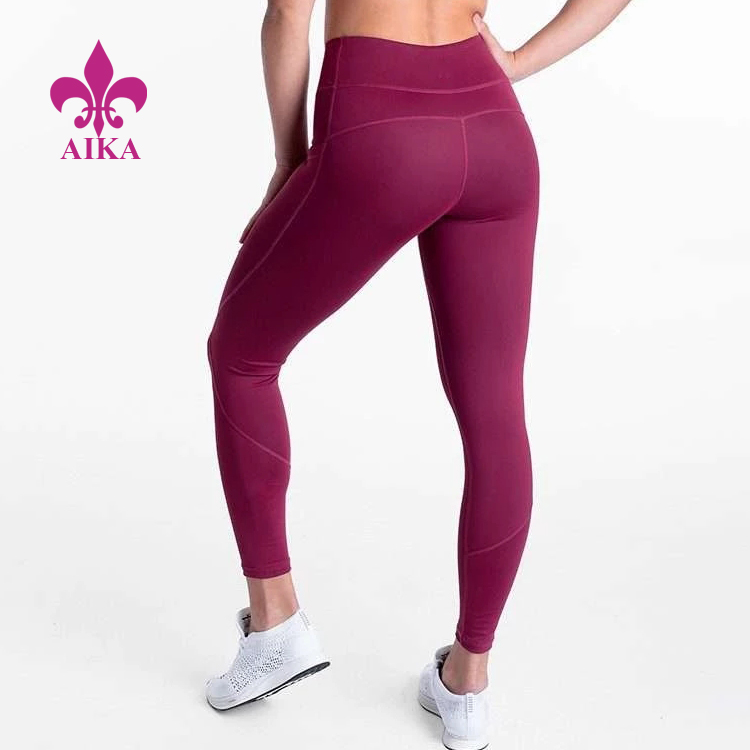 Ensfarget Nylon Spandex Tights Høy midje Leggings Med Lommer Kvinner Fitness Yoga Bukser