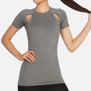 폴리에스터 직물 슬래시 세부 사항 4방향 스트레치 고품질 사용자 정의 로고 여성을 위한 빠른 건조 통기성 체육관 스포츠 티셔츠