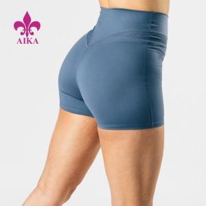 Lag luam wholesale Custom Logo Plaub Txoj Kev Stretch High Waist Ribbed Spliced ​​Womens Athletic Yoga Shorts