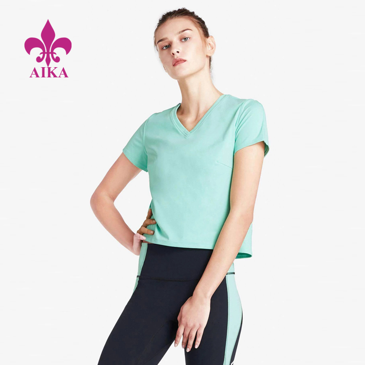 Groothandel Custom Dames Sportkleding Comfortabel Yoga Top T-shirt met korte mouwen en V-hals