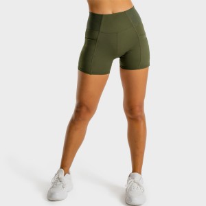 OEM Logo Atmung Ribbed Taille Workout Fraen Sports Yoga Shorts mat Säitentaschen