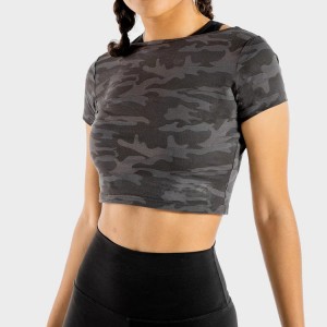 Custom Fitness Gym Shorts Sleeve Camouflage Workout Crop T Shirts Para sa mga Babaye