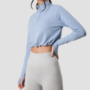 महिलाओं के लिए कस्टम क्वार्टर जिपर थंब होल लंबी आस्तीन जिम क्रॉप टॉप फिटनेस टी शर्ट