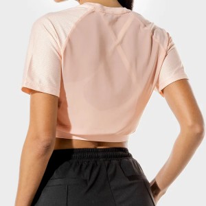 Tukkumyynti hikiä siirtävä elastinen pohja verkkopaneeli mukautettu Fitness Crop T-paidat naisille