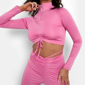 Funnel Neck Ruched Active Long Sleeve Half Zipper Gym Sports Women Crop T Shirts