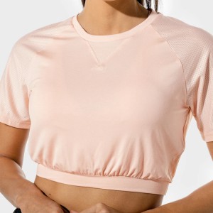 Engros svettetransporterende elastisk bunnnettingspanel Custom Fitness Crop T-skjorter for kvinner