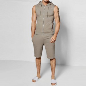 OEM Summer Running Male Sport wear Custom Logo Men Sleeveless Hooded Waffle Shorts Tracksuit Set