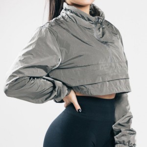 Limyè pwa Custom 100% Polyester Trimès zip Crop Pullover Windbreaker Jacket pou fanm