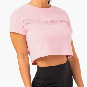 عالية الجودة OEM شبكة لوحة اليوغا الصالة الرياضية الملابس قصيرة الأكمام المحاصيل الأعلى عادي الوردي تي شيرت للنساء