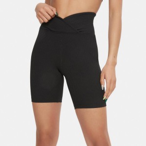 Logotipo personalizado cintura alta com nervuras V corte cós Nylon Gym Yoga Biker Shorts para mulheres