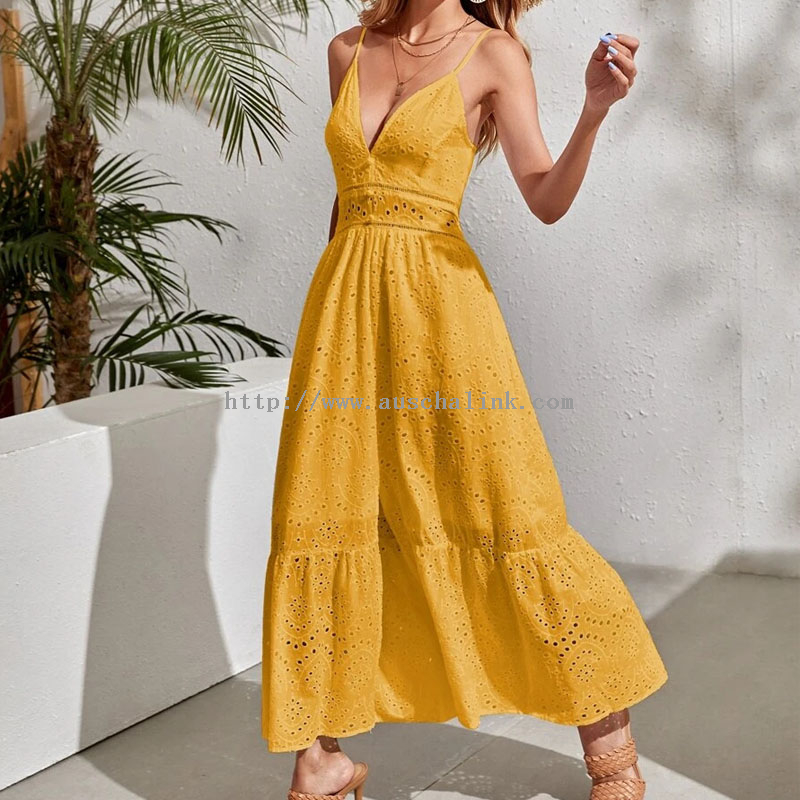पिवळा डिझाइन भरतकाम Flounces Cami ड्रेस महिला