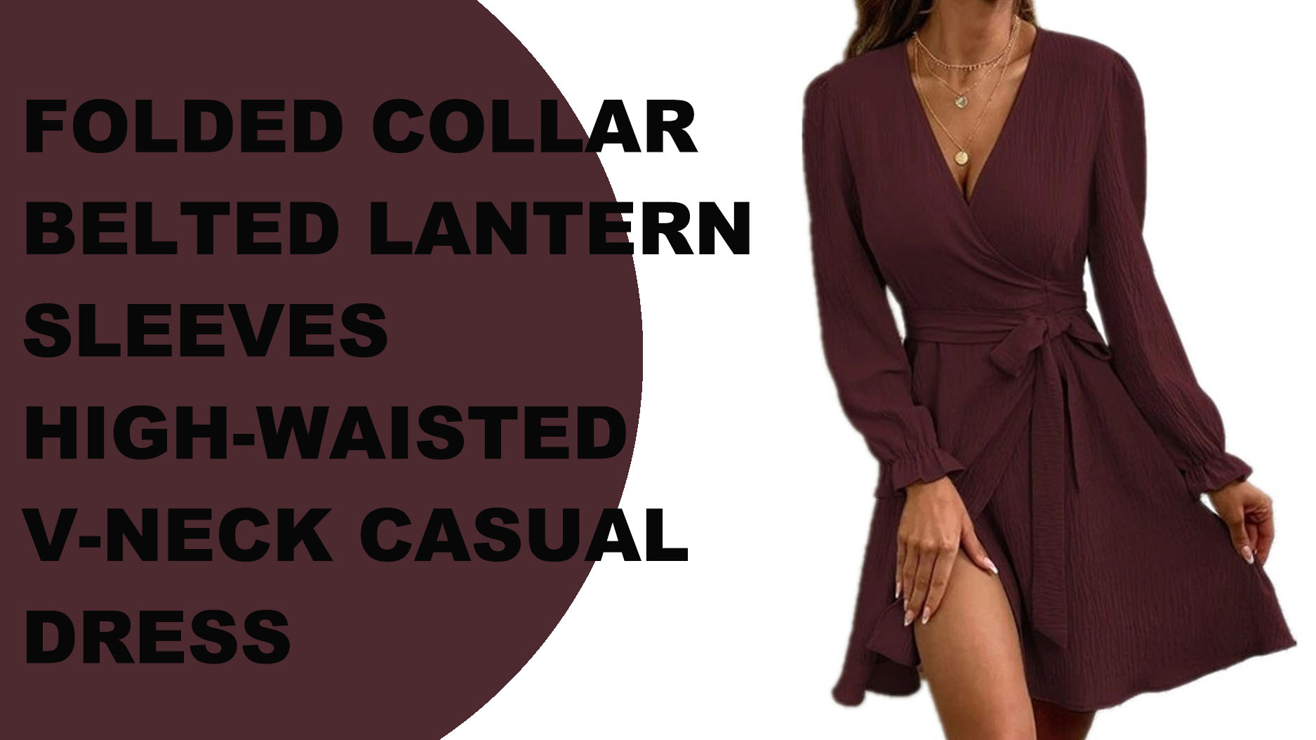 ແຟຊັ່ນຄຸນນະພາບສູງ folding collar belted waist lantern sleeve high waist V-neck casual dress