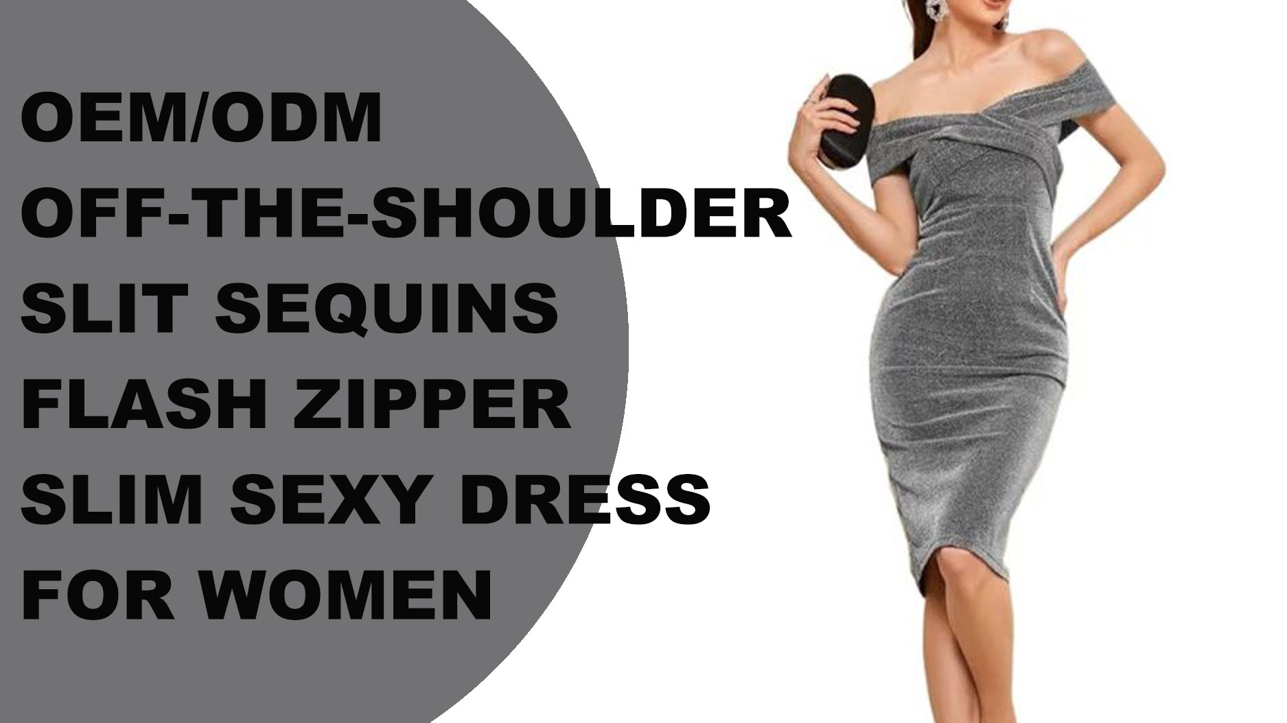 OEM/ODM off-the-shoulder split pailletten flash rits slanke sexy jurk voor dames