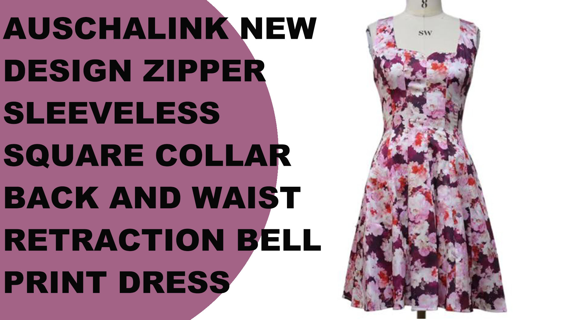 Auschalink ການອອກແບບໃຫມ່ zipper sleeveless back square collar waist flared print dress ສໍາລັບແມ່ຍິງ