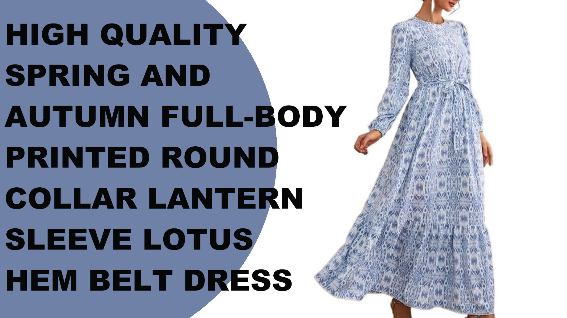 Robe décontractée pour femmes, haute qualité, imprimé sur tout le corps, col rond, manches lanternes, ourlet lotus, ceinture, printemps et automne