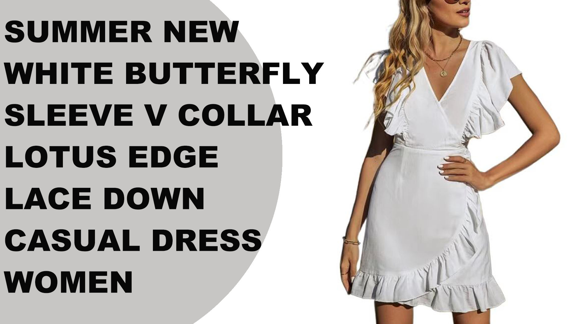 Verão novo branco borboleta manga v colarinho borda de lótus rendas para baixo vestido casual feminino