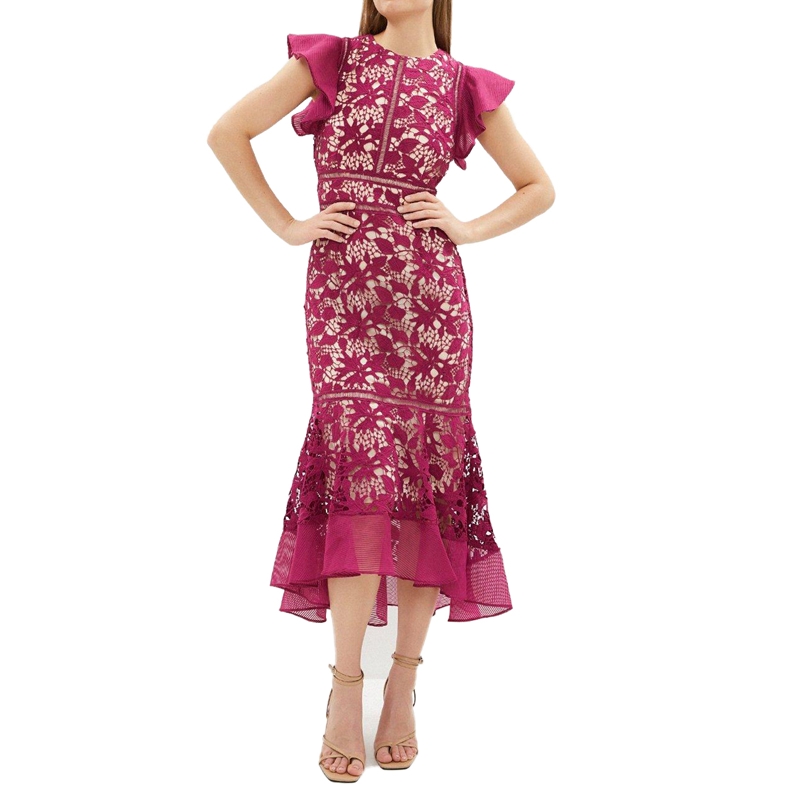 Pink Party Vintage Evening Floral Jacquard Midi Dress Wanita