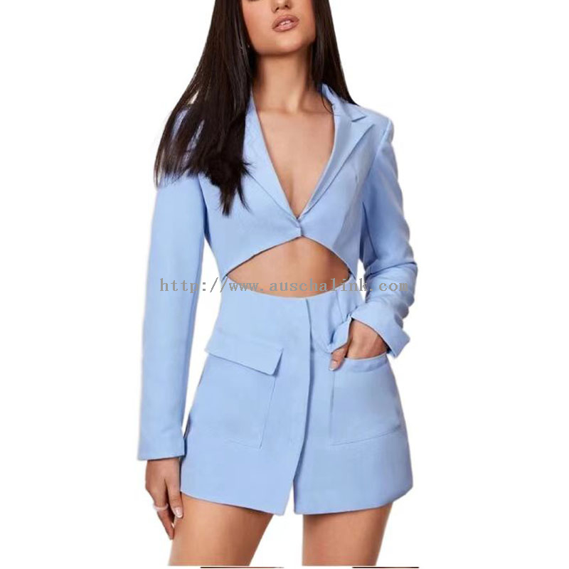 Blue Lapel Single Breasted Hollow Out Blazer Dress