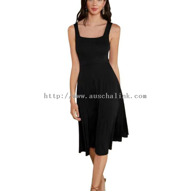 שמלה אלגנטית שחורה ללא שרוולים עם צווארון מרובע מתרחב