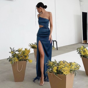 Asymmetric Sexy Cut-out Floor length Fringed Dress