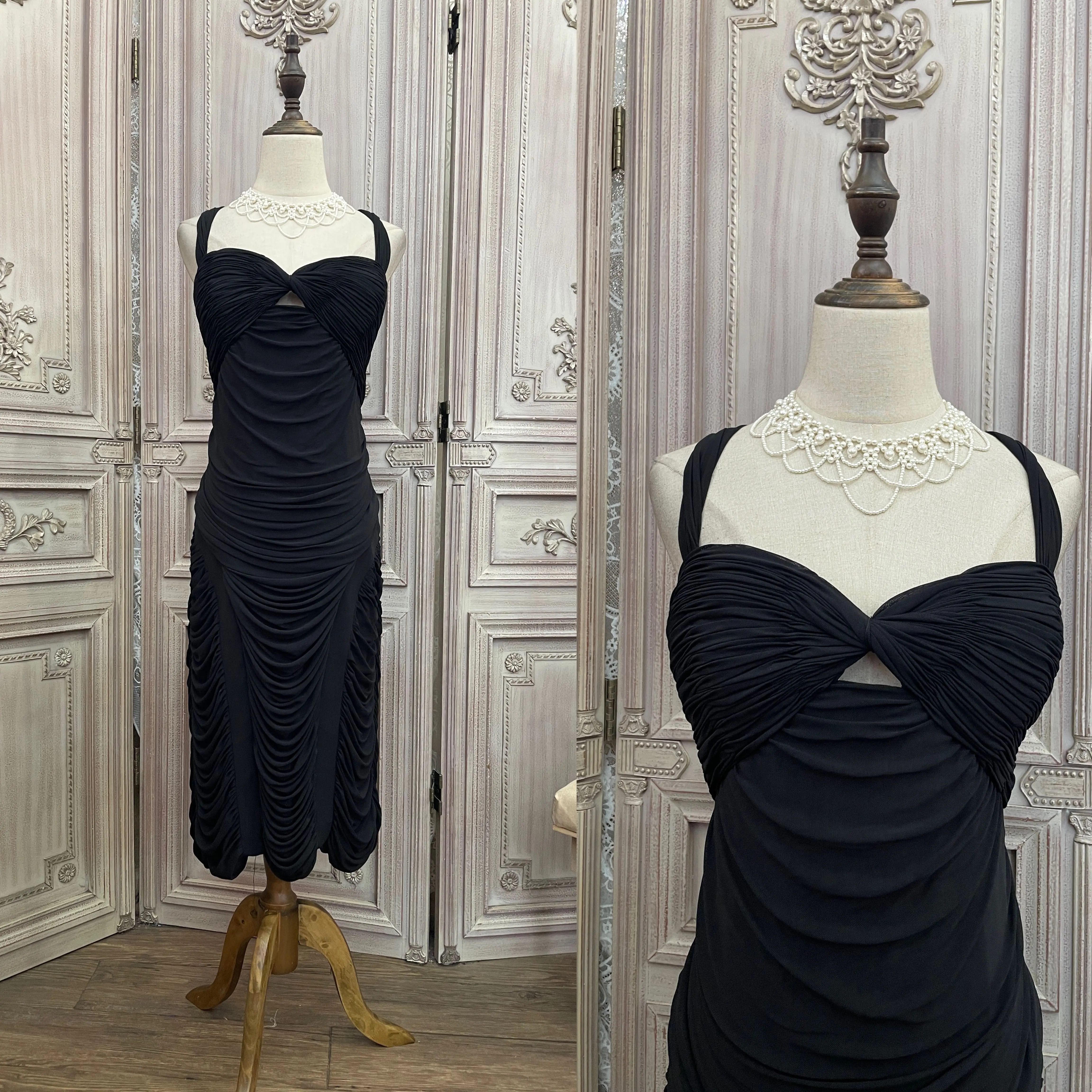 Black Elegant Pleated Sexy Custom Hollow Dress