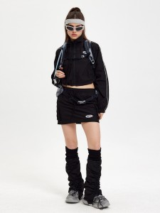 Black Casual Windbreaker Jacket Drawstrings Skirt 2 Pieces Set