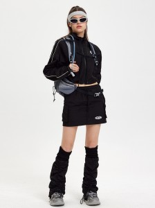 Black Casual Windbreaker Jacket Drawstring Skirt 2 Pieces Seti
