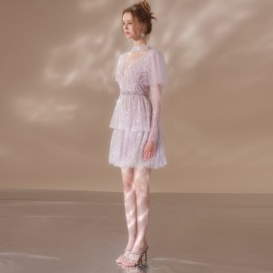 Romantické ametystové vyšívané korálkové šaty