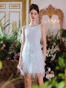 Sequin Pearl Rumbai Feather Custom Party Dresses Women Factory