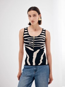 Zebra Print Zipper Knit Custom Top ผู้หญิง