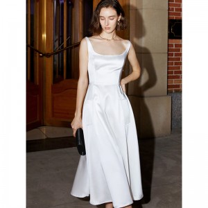 Прилагодено елегантен бел фустан од сатен свилен висок струк