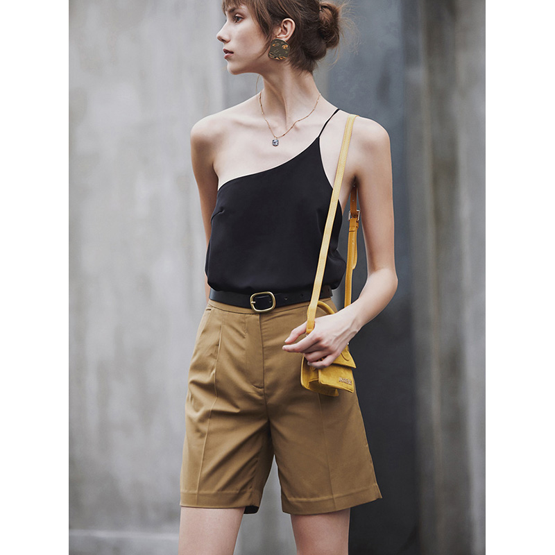 Pantalones cortos sueltos informales rectos de color caqui vintage personalizados para mujer