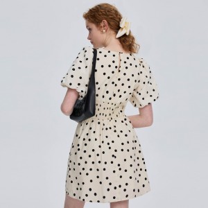 Vintage točkasta haljina s V-izrezom s balon rukavima