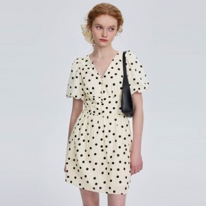 Vintage V-Neck Bubble Sleeve Polka Dot Dress