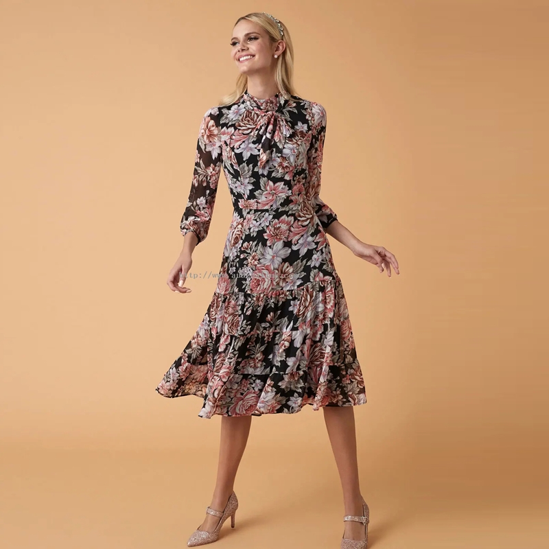 Floral Midi Elegant Dress ແມ່ຍິງ