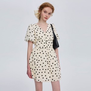 Vintage V-Neck Bubble Sleeve Polka Dot Dress