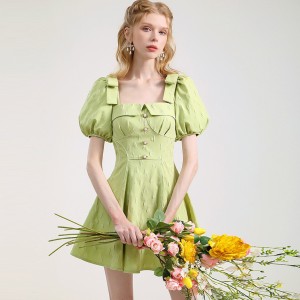 Elegant Green Puff Sleeve Jacquard Dress