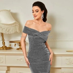 Elegant Silver Gray Sequin Strapless Cocktail Evening Dress