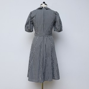 버블 슬리브 V 넥 체크 무늬 셔츠 드레스 여성