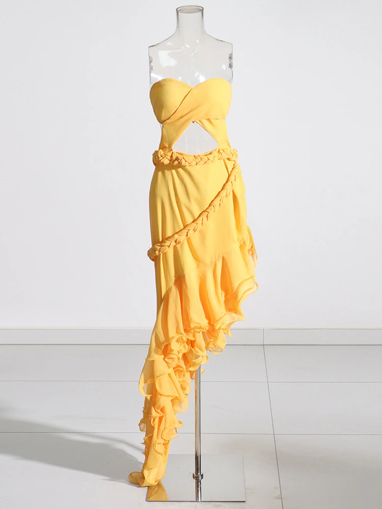 होलो आउट सुरुचिपूर्ण रफल्स महिला ड्रेस डिजाइनरहरू
