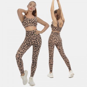 Leopard Print Yoga Pakai Legging Regangan Sukan Dua Helai