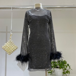 Luxury Feather Mesh Diamond Dress Vendor