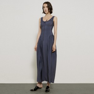 Vestido longo Misty Blue vintage com cadarço e design elegante
